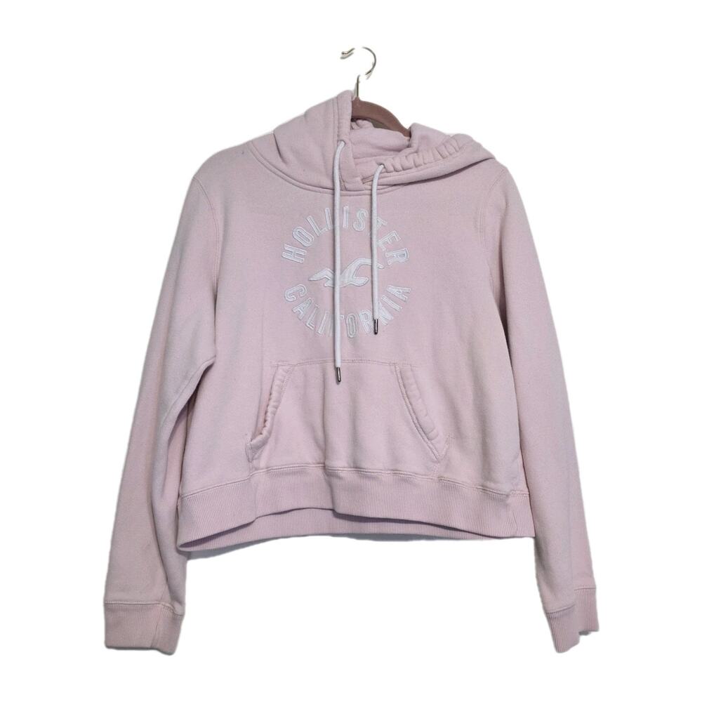 Vintage Y2K Hollister Hoodie Sweatshirt Womens L Pink Spellout Logo Pocket Prepp